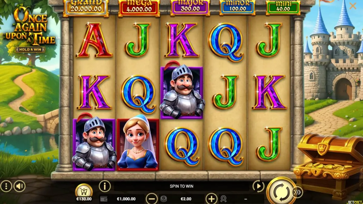 Cena de batalha épica no slot Once Again Upon A Time com cavaleiro e dragão