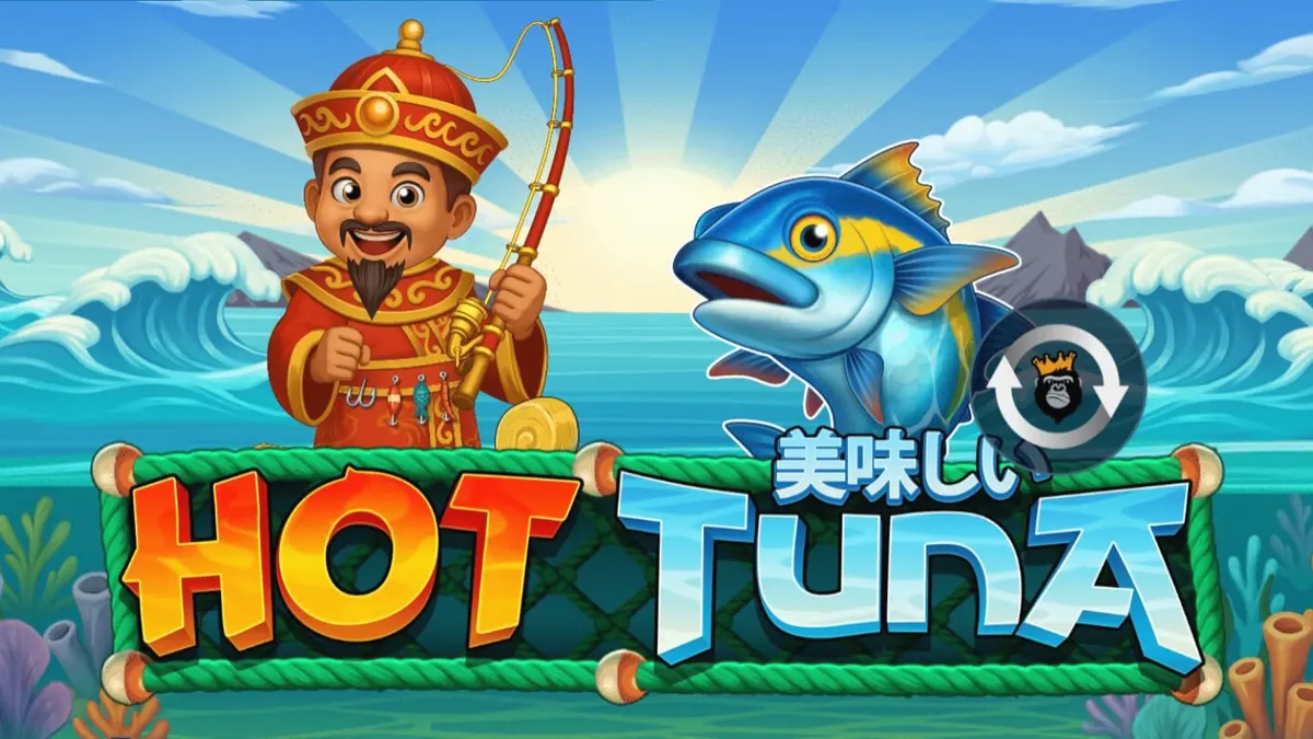 Interface do jogo de slot Hot Tuna com o pescador e elementos oceânicos