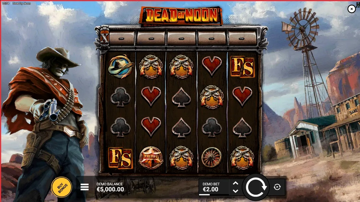 Interface do slot Dead By Noon em um dispositivo móvel mostrando o cenário de faroeste