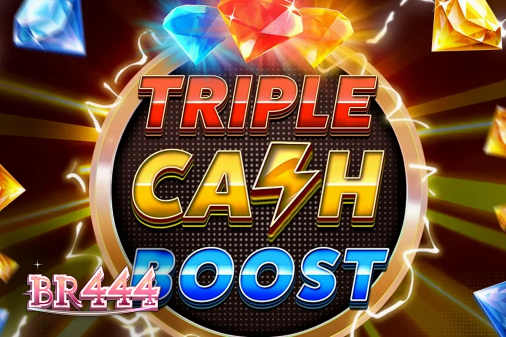 Interface neon do slot Triple Cash Boost com símbolos de frutas e diamantes brilhantes.